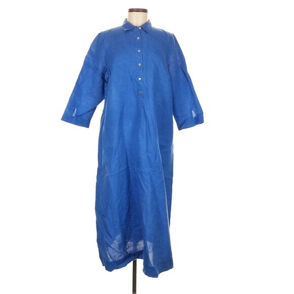 J. Jill LOVE LINEN Cobalt Blue 3/4 Sleeve Half Button Maxi Shirt Dress Pockets M - Picture 2 of 9